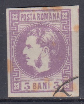 ROMANIA 1868 LP 22 REGELE CAROL CU FAVORITI 3 BANI VIOLET STAMPILAT POINCON