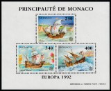 Monaco 1992 - Europa , Transporturi , Nave , Columb , colita dantelata , MNM , Mi.Bl.19, Organizatii internationale, Nestampilat