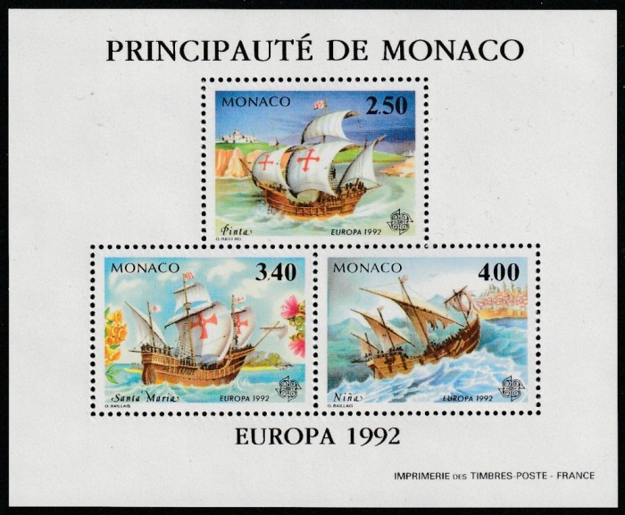 Monaco 1992 - Europa , Transporturi , Nave , Columb , colita dantelata , MNM , Mi.Bl.19