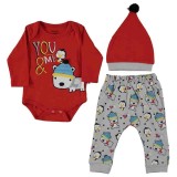 Set body, pantaloni si caciulita You Me rosu bebelusi bumbac 3-9 luni