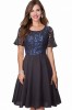 Rochie Eleganta Retro cu Pliuri si Dantela Neagra Albastra, Marimi S/M, M, Decolteu Rotund, Maneci Dantelate, Poliester