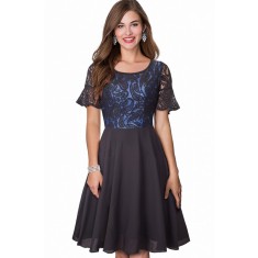 V845-141 Rochie eleganta stil retro cu pliuri si maneci dantelate