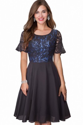 V845-141 Rochie eleganta stil retro cu pliuri si maneci dantelate foto