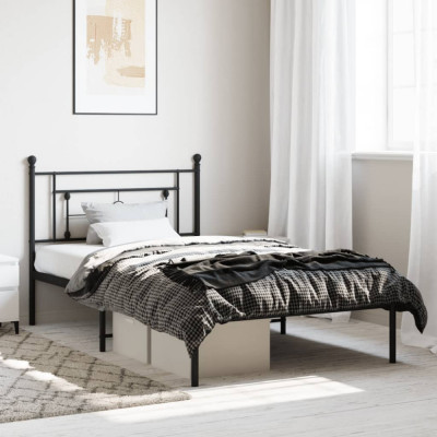 vidaXL Cadru de pat din metal cu tăblie, negru, 107x203 cm foto