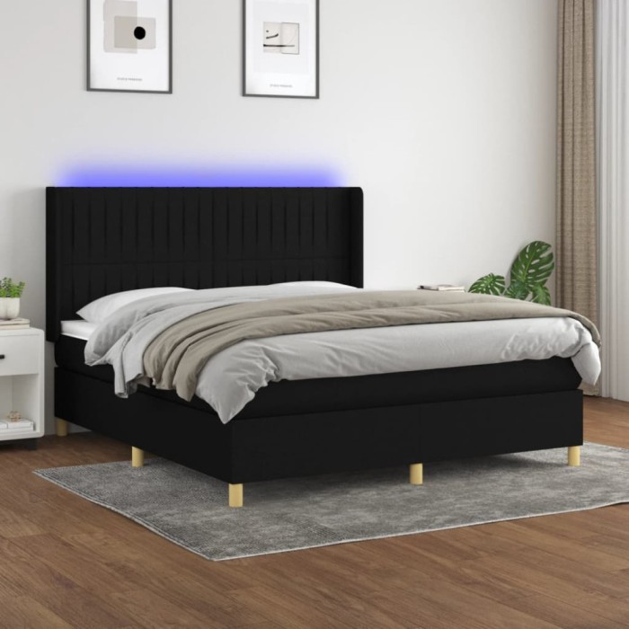 Gossi pat cu arcuri, saltea si led, negru, 180x200 cm, textil