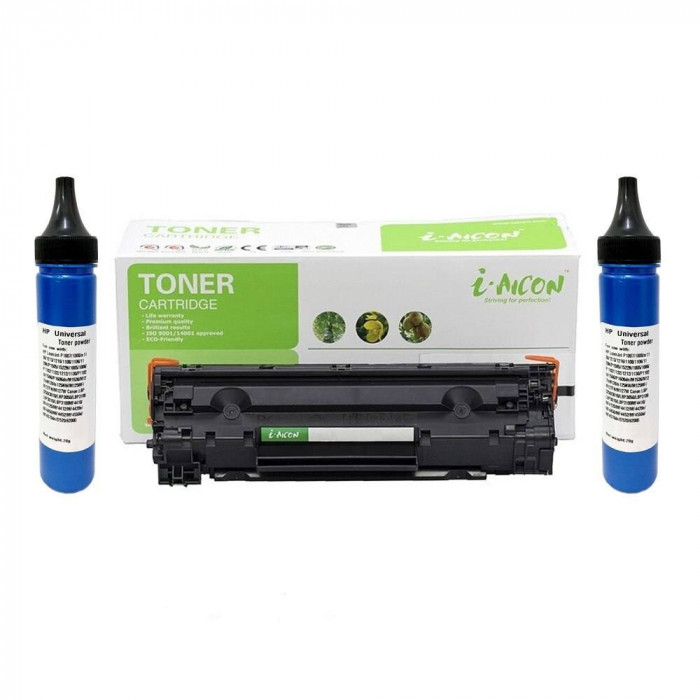 Cartus Toner I-Aicon CE278A/CRG728/CRG726 Negru, 10000 Pagini, Sistem de Recuperare si Flacoane cu Praf 70g, Compatibil cu Imprimante HP P1560, P1566,