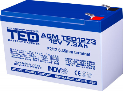 Acumulator AGM VRLA 12V 7.3Ah plumb acid 151x65x95 mm F2 terminal TED Battery Expert Holland foto