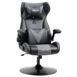 Vinsetto Fotoliu de gaming ergonomic cu bază rotundă &icirc;nălțime reglabilă, brațe rabatabile, perne pentru cap și lombari PU gri și negru | Aosom Romania