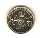 SV * Marea Britania UK TWO POUNDS 1989 * LEGEA DREPTURILOR 300 ANI * 1689, Europa, Nichel