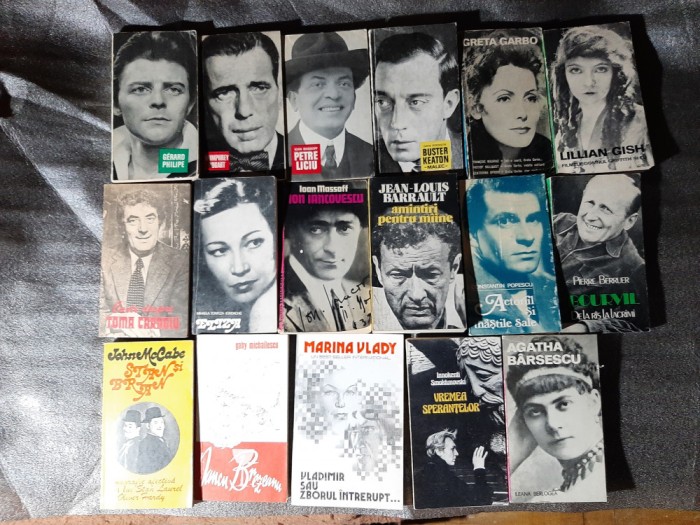19 vol. colectia &bdquo;Actori si destine&rdquo; (Toma Caragiu, Stan si Bran, Bourvil, Buster Keaton, Greta Garbo, Humphrey Bogart, Sarah Bernhardt etc.)