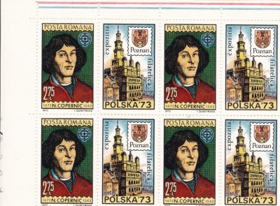 ROMANIA 1973 LP 819 a ANIVERSARI N. COPERNIC BLOC DE 4 TIMBRE+4 VINIETE MNH foto