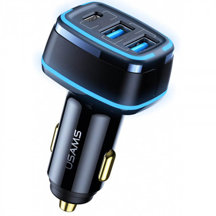 Incarcator Auto USB Usams C24, 1 X USB Tip-C - 2 X USB, Quick Charge, 80W, Negru CC126TC01