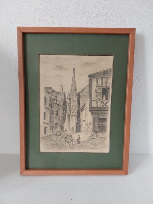 Tablou in creion grafic, oras medieval, rama lemn, 32x42cm