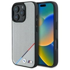 Husa pentru iPhone 16 Pro Max - BMW Hardcase M Perforated Tricolor Line MagSafe (BMHMP16X23PUPDG) - Grey foto