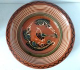 Farfurie ceramica mare decorativa, lut, anii 80, 32 cm diametru, cu pasare / cuc, Ungaria, Zsűrizte -A N&eacute;pi Iparműv&eacute;szeti Tan&aacute;cs, Made in Hungary
