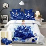 Cumpara ieftin Lenjerie De Pat Cenusareasa Xf013, Bumbac, 4 Piese, Fara Elastic, Albastru, Imprimeu