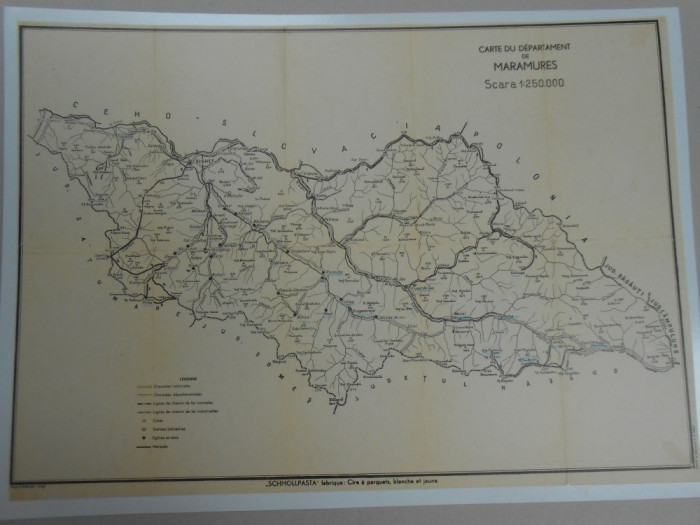 Harta Maramures, 1938, Romania Mare, 32x46 cm, scara 1:250.000, impecabila