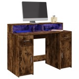 Birou vidaXL stejar fumuriu cu LED, 120x55x91cm, lemn prelucrat, spatiu depozitare, design modern, ideal gaming/ lucru