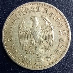 (A1086) MONEDA DIN ARGINT GERMANIA - 5 MARK 1936, LIT. A, PAUL VON HINDENBURG
