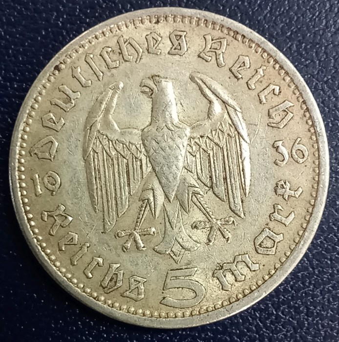 (A1086) MONEDA DIN ARGINT GERMANIA - 5 MARK 1936, LIT. A, PAUL VON HINDENBURG