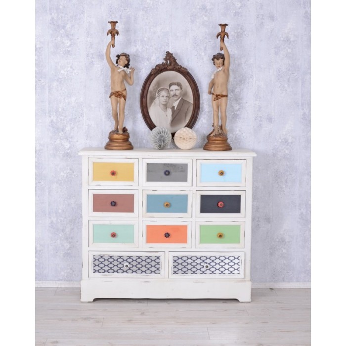 Comoda din lemn masiv alb cu sertare colorate MXA006