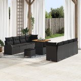 Set de Canapea de Grădină cu 11 Piese cu Perne Negru din Ratan Poli Acacia, Canapea de Grădină cu 2 Locuri cu Perne Negru din Ratan Poli, Set de Dinin, vidaXL