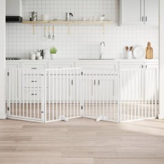 vidaXL Poartă de acces pentru c&acirc;ini cu ușă pliabilă, 4 panouri, albă, 320 cm, lemn de plop 352187