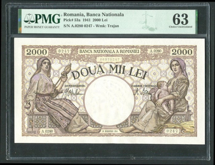 q279 BANCNOTA 2000 LEI 1941 NECIRCULATA UNC GRADATA PMG 63