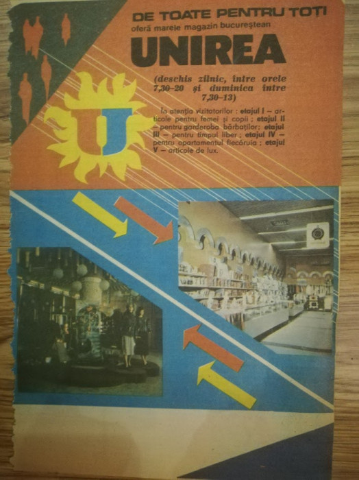 1989 Reclamă Magazin UNIREA București, comunism comerț epoca de aur 24 x 15,5