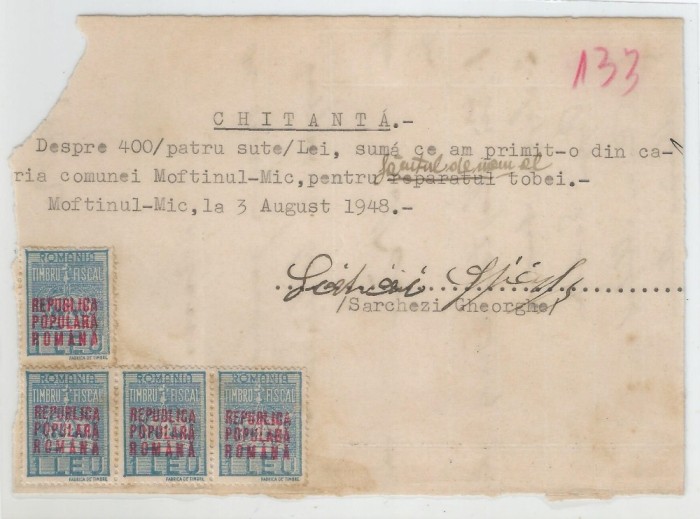 Romania, Chitanta, Moftinul-Mic, 1948