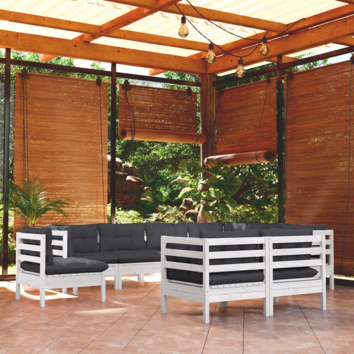 vidaXL Set mobilier de grădină cu perne, 9 piese, alb, lemn masiv pin 3096768