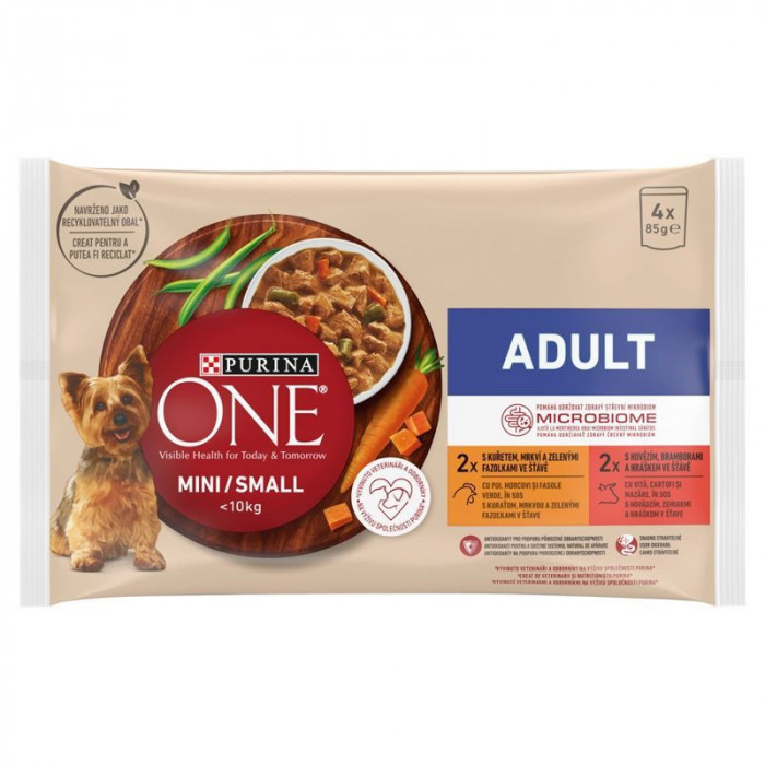 PURINA ONE MINI Dog Adult Pui și carne de vită &icirc;n suc 4 x 85 g