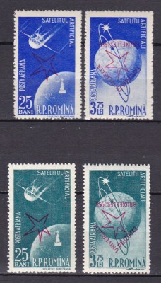 ROMANIA 1958 LP 459 b SATELITI ARTIFICIALI CU SUPRATIPAR BRUXELLES RASTURNAT SERIE MNH foto