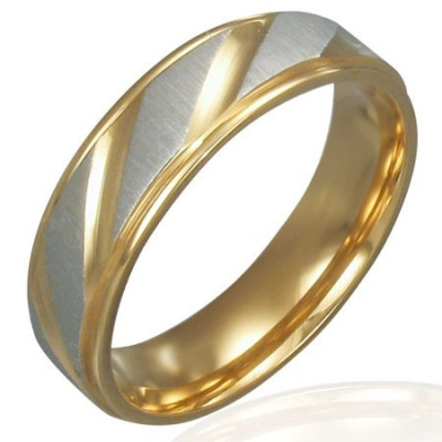 Bandă din oțel inoxidabil - auriu-argintiu, tăieturi diagonale - Marime inel: 52 foto