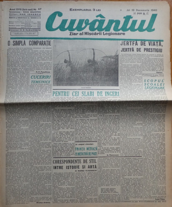 Cuvantul, ziar al miscarii legionare, 19 decembrie 1940, nr. 67