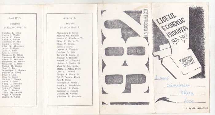 bnk div Liceul Economic Targu Mures - pliant revedere 1972- 1982