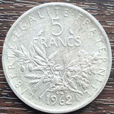 (A537) MONEDA DIN ARGINT FRANTA - 5 FRANCS 1962, SEMANATOAREA, 12 GRAME, AG 835