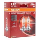Becuri halogen H7 12V Osram Night Breaker Silver +100%, lumina mai puternica, pana la 130 m drum iluminat, set 2 bucati, design modern cu acoperire