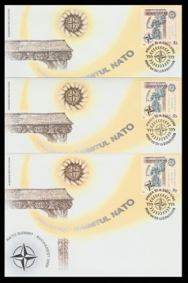 2008 Romania, 3 FDC Summitul NATO, LP 1798 / argintiu LP 1798 a / auriu LP 1798 b foto