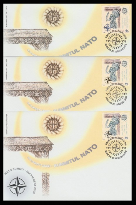 2008 Romania, 3 FDC Summitul NATO, LP 1798 / argintiu LP 1798 a / auriu LP 1798 b
