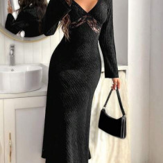 Rochie maxi cu decolteu si aplicatii dantela, negru, dama