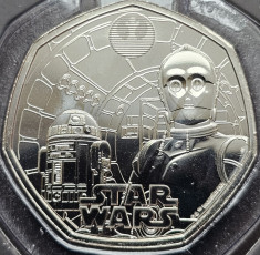 50 pence 2023 Marea Britanie, R2-D2 and C-3PO, Star Wars, Bunc, Coincard foto