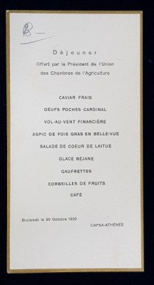 RESTAURANT CAPSA - ATHENEE , DEJUN OFERIT DE PRESEDINTELE UNIUNII CAMERELOR DE AGRICULTURA , 20 OCT. , 1930 foto