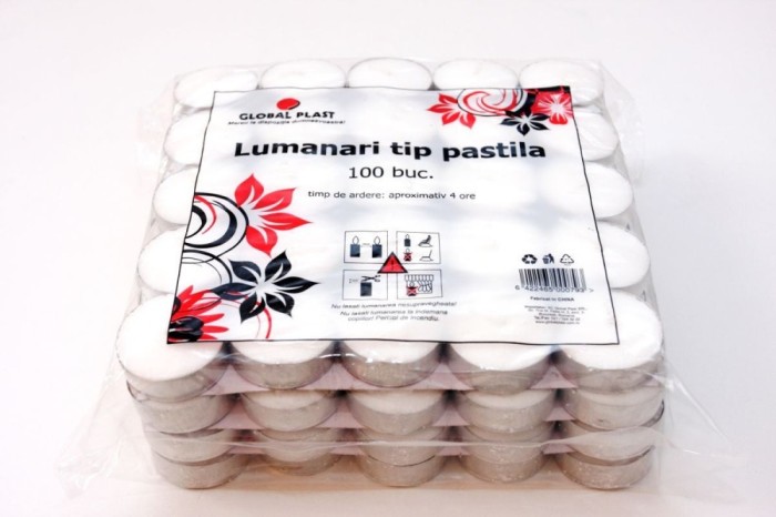 Lumanare tip pastila, aluminiu, timp ardere 4 ore, alb, 100 bucati/set
