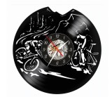 Ceas de perete din disc vinil, Tematică Extreme Bike / Mountain Bike, Design Sportiv cu Biciclist &icirc;n Salt, Negru, 30 cm