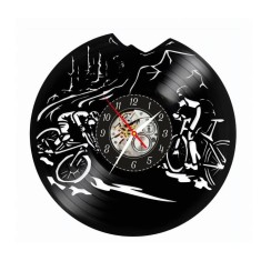 Ceas de perete din disc vinil, Tematică Extreme Bike / Mountain Bike, Design Sportiv cu Biciclist &icirc;n Salt, Negru, 30 cm