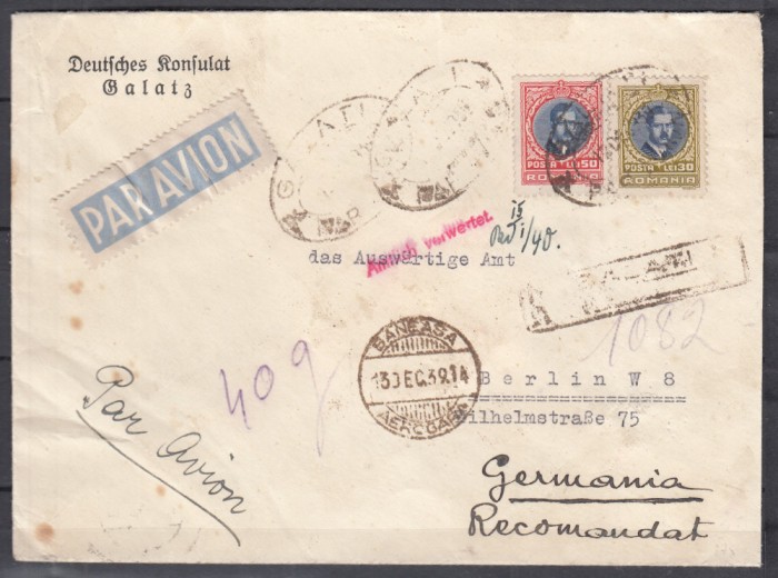 ROMANIA1930 LP 88 REGELE CAROL II LONDRA/PLIC CIRCULAT PAR AVION GALATI-GERMANIA