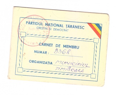 Carnet de membru Partidul National Taranesc Crestin si Democrat, 1991 foto