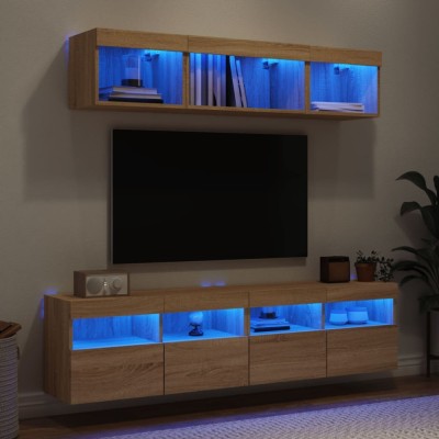 vidaXL Unități de perete TV cu LED-uri, 5 piese, stejar sonoma, lemn foto