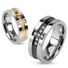 Inel din oțel inoxidabil, cruce din zirconii, linie culoarea cuprului, 6 mm - Marime inel: 49
